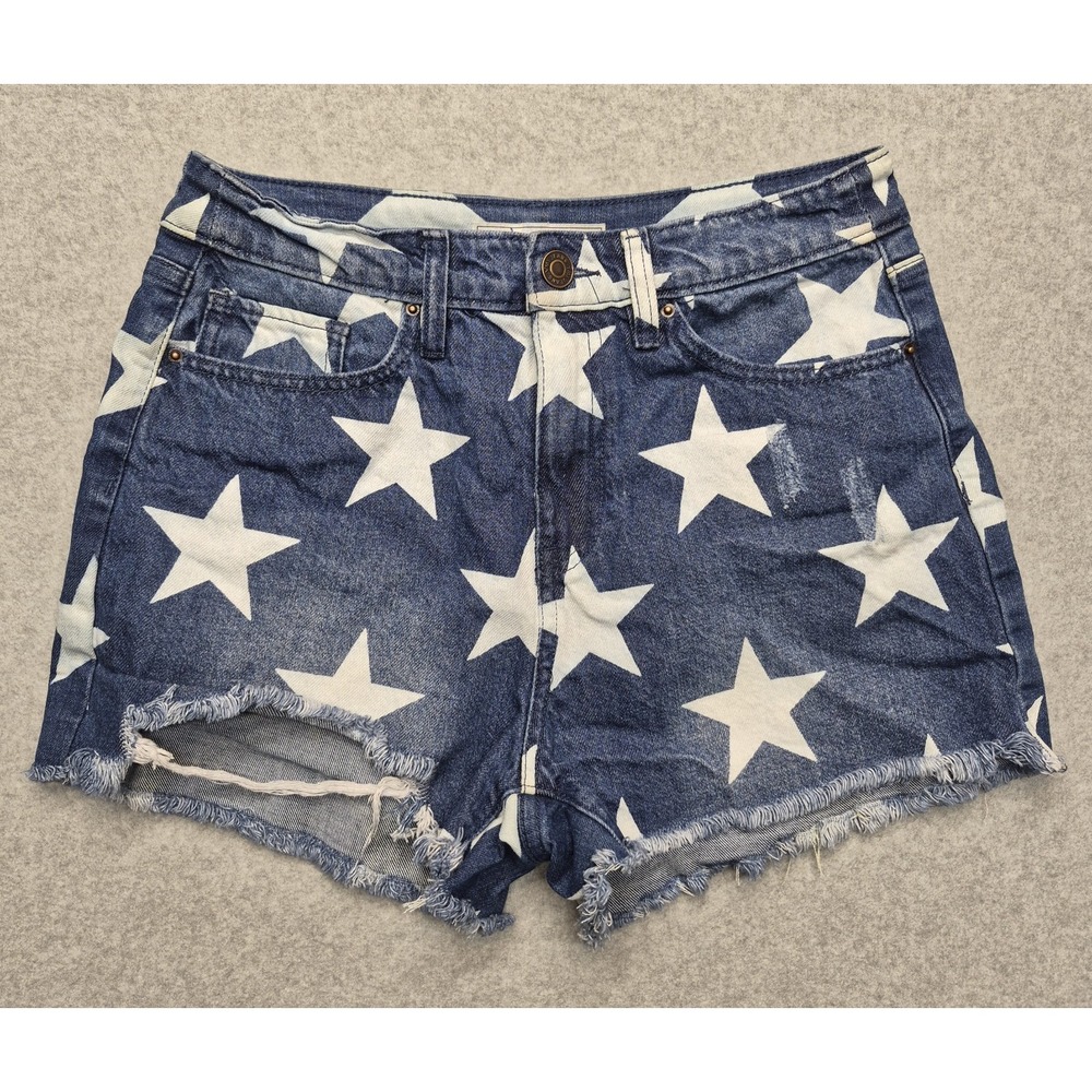 YMI Dream Shorts Womens 9/29 Blue White Star Print Denim Cut Off Raw Hem